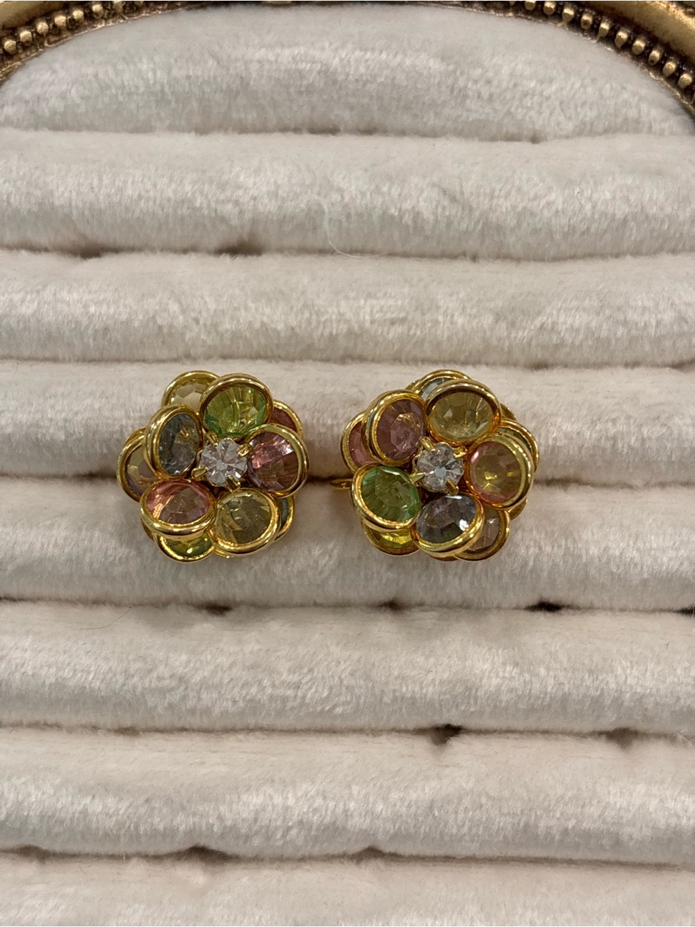 Avon Gold-Tone Floral Earrings with Pink, Green and Yellow Crystals
